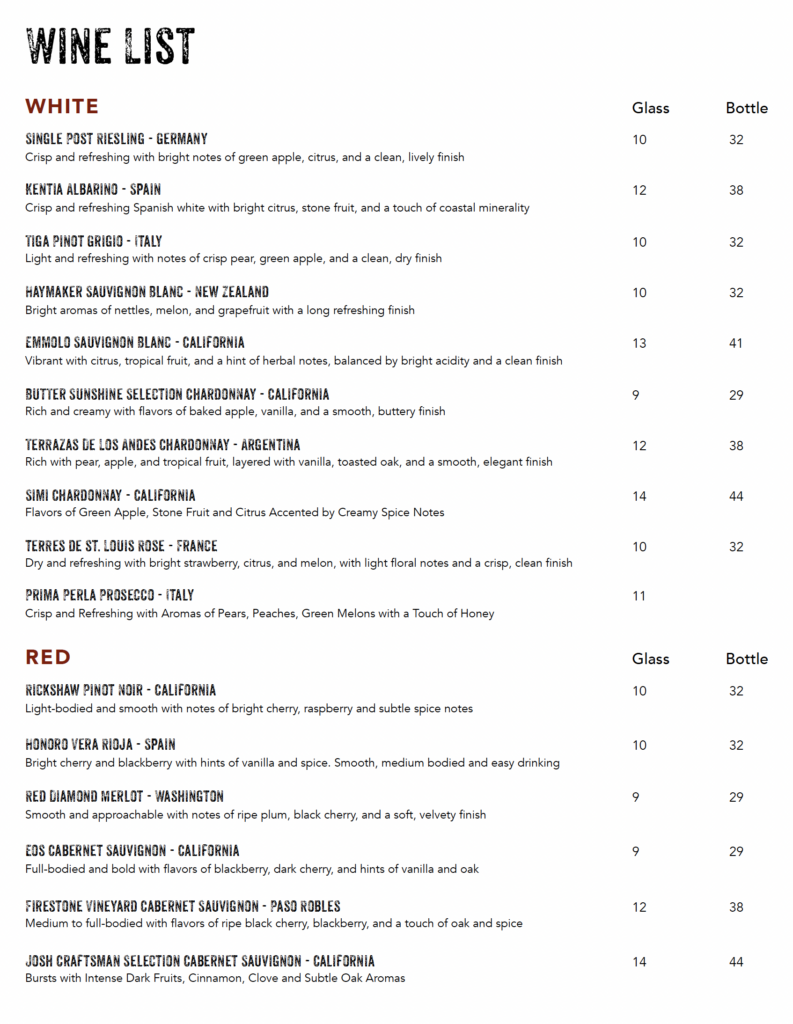 spring wine menu